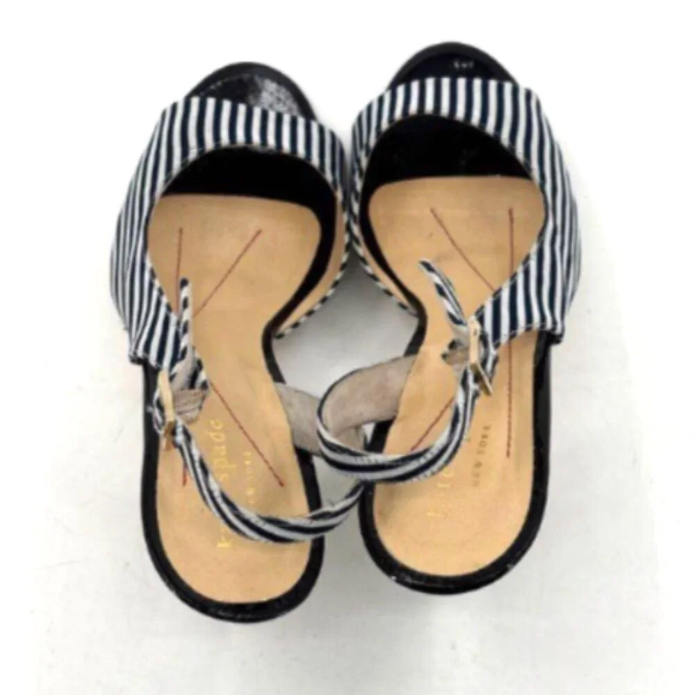Kate Spade Designer Slingback Heels 6.5B Black White Pinstripe Classic Chic EUC